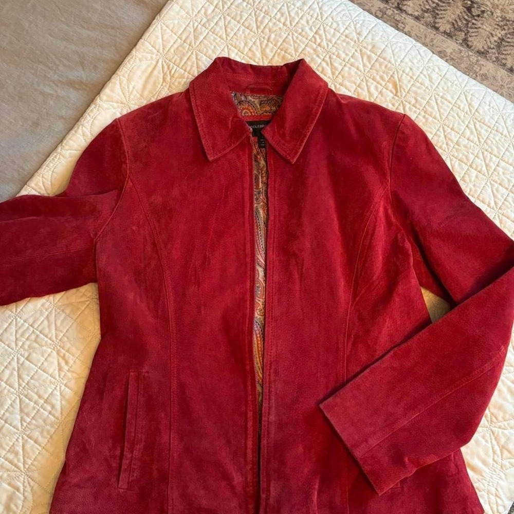 Colebrook Red Suede Leather Jacket Paisley Lining Zip Front Women Large